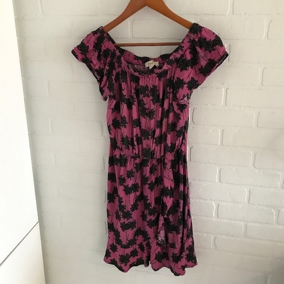 Printed Mini Dress Off-the-shoulders Tropical print palm trees Ruffle Flounce S - Picture 1 of 5